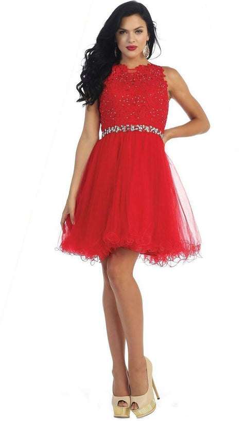 Illusion Jewel Appliqued A-Line Cocktail Dress - May Queen