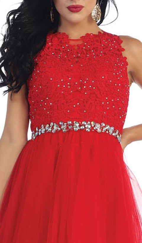 Illusion Jewel Appliqued A-Line Cocktail Dress - May Queen