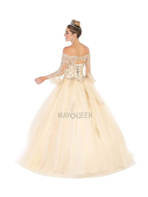 Bell Sleeve Appliqued Off Shoulder Ballgown - May Queen LK111