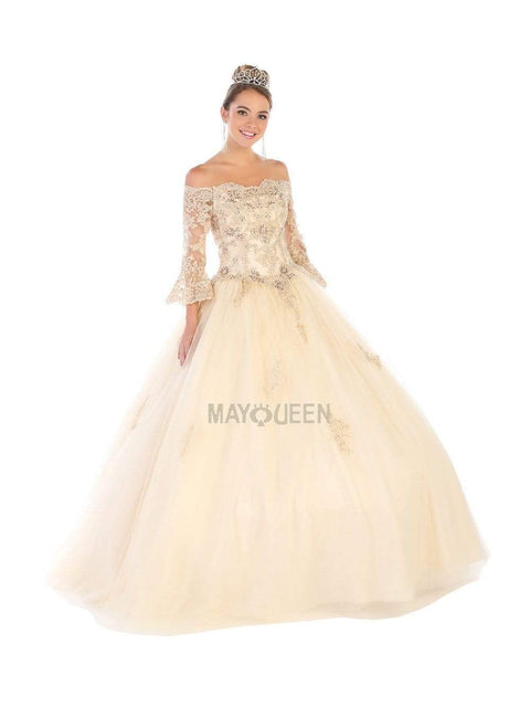 Bell Sleeve Appliqued Off Shoulder Ballgown - May Queen LK111