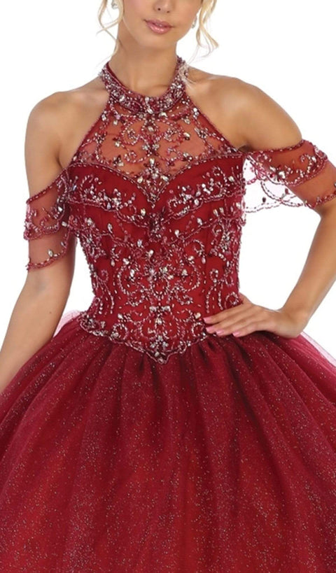 Halter Neck Cold Shoulder Embellished Ballgown - May Queen LK121