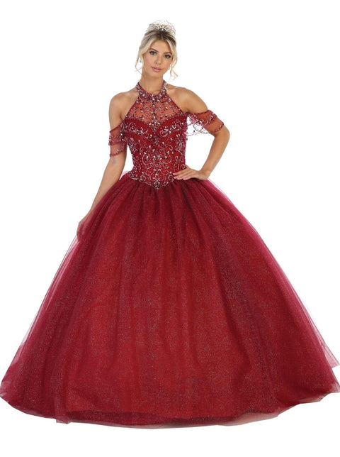 Halter Neck Cold Shoulder Embellished Ballgown - May Queen LK121