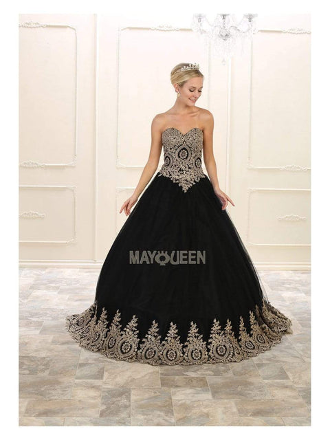 Strapless Sweetheart Gold Lace Embellished Ballgown - May Queen