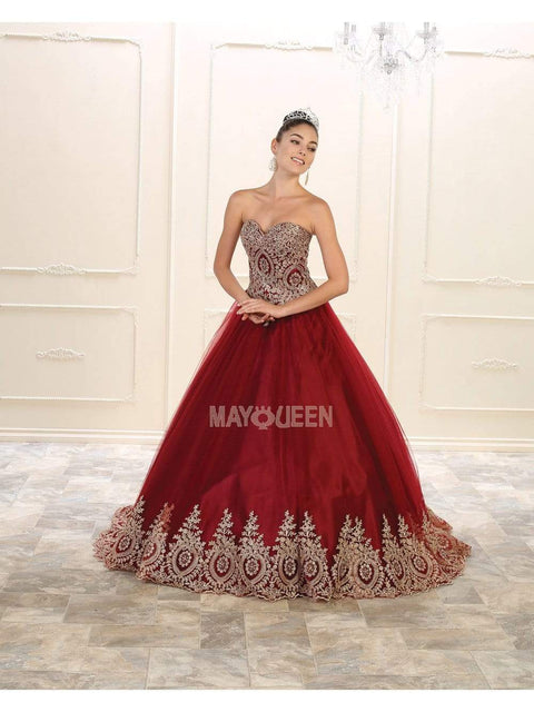 Strapless Sweetheart Gold Lace Embellished Ballgown - May Queen
