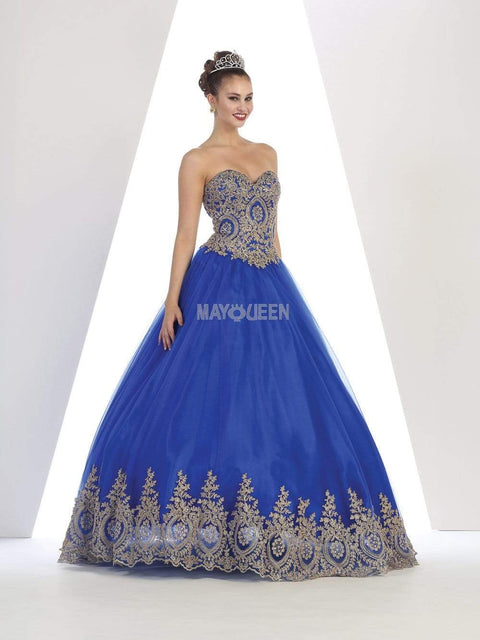 Strapless Sweetheart Gold Lace Embellished Ballgown - May Queen