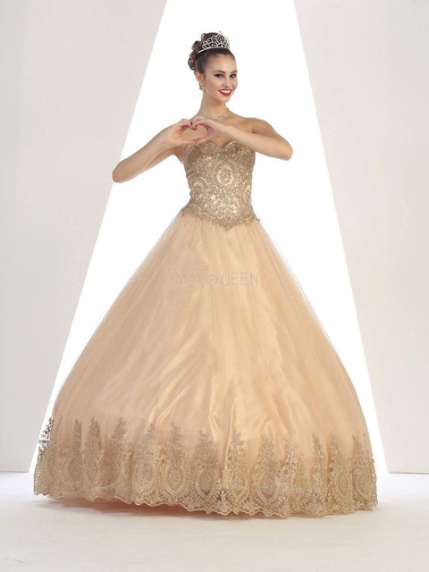 Strapless Sweetheart Gold Lace Embellished Ballgown - May Queen