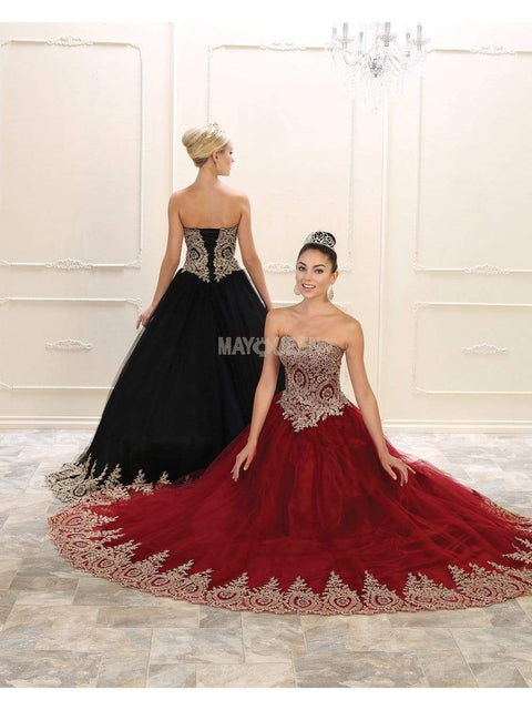 Strapless Sweetheart Gold Lace Embellished Ballgown - May Queen