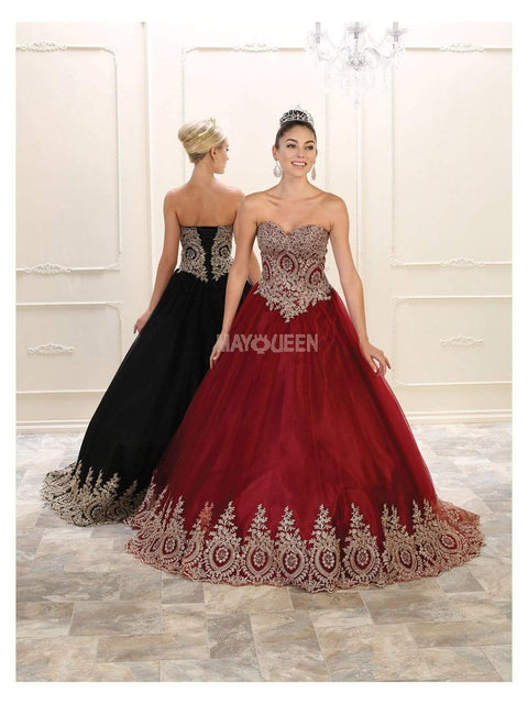 Strapless Sweetheart Gold Lace Embellished Ballgown - May Queen