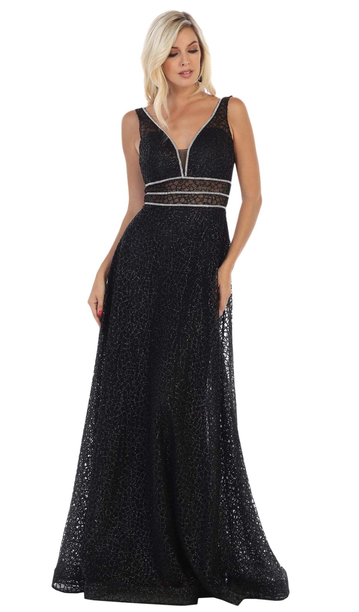 Sleeveless V-Neck Glitter Tulle A-Line Gown