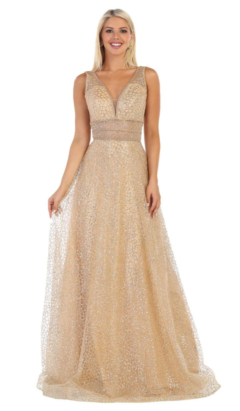 Sleeveless V-Neck Glitter Tulle A-Line Gown - May Queen MQ-1623