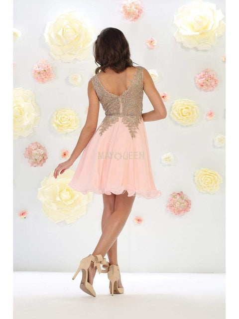 Gold Embroidered V-neck A-line Dress - May Queen MQ1417