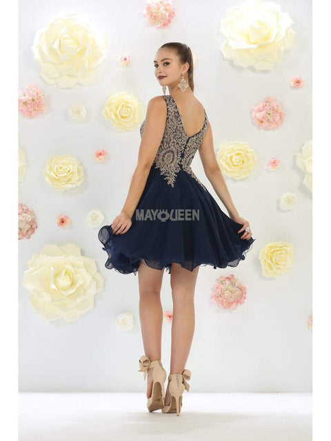 Gold Embroidered V-neck A-line Dress - May Queen MQ1417