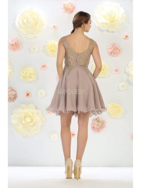 Gold Embroidered V-neck A-line Dress - May Queen MQ1417