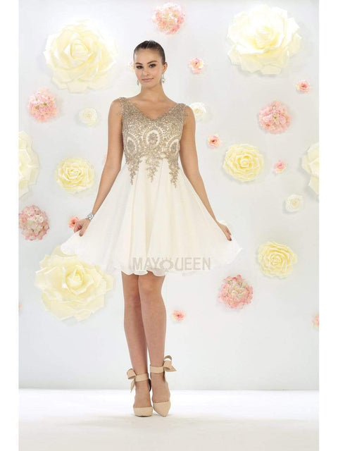 Gold Embroidered V-neck A-line Dress - May Queen MQ1417