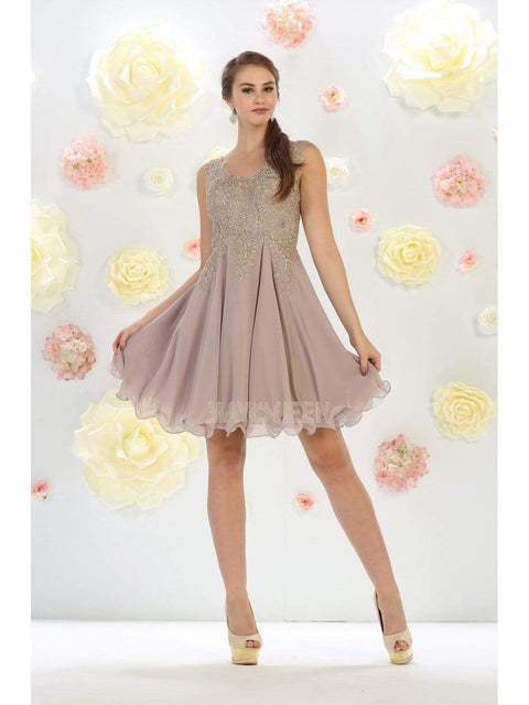 Gold Embroidered V-neck A-line Dress - May Queen MQ1417