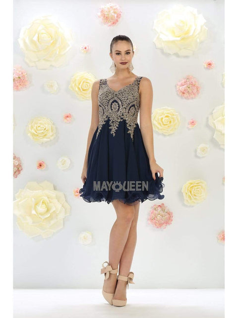 Gold Embroidered V-neck A-line Dress - May Queen MQ1417
