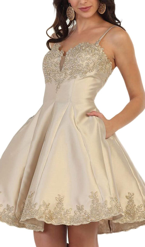 Gilded Lace Applique Mikado Cocktail Dress - May Queen MQ1445