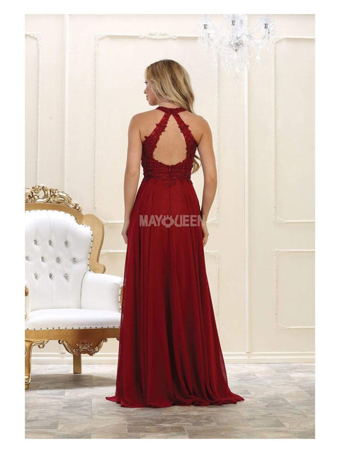 Embroidered Halter Neck A-line Dress - May Queen MQ1557