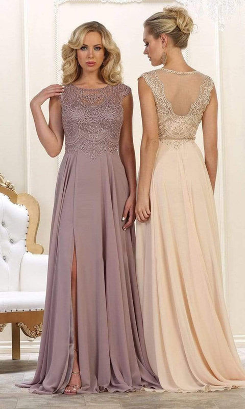 Bateau A-Line Dress with Slit - May Queen MQ1563B