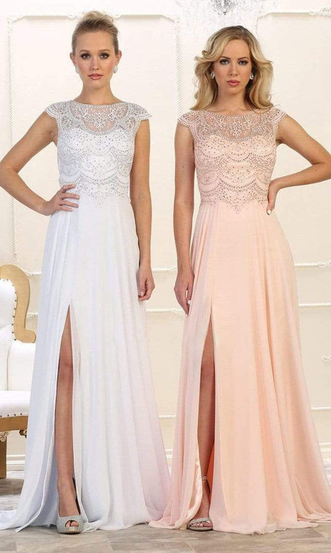 Bateau A-Line Dress with Slit - May Queen MQ1563B