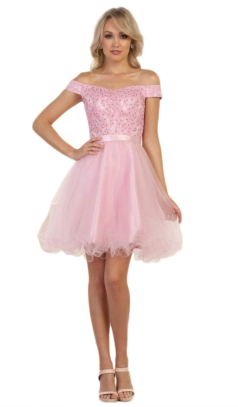 Off Shoulder Beaded Tulle Cocktail Dress - May Queen MQ1565