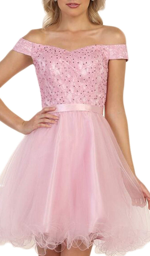 Off Shoulder Beaded Tulle Cocktail Dress - May Queen MQ1565