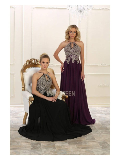 Embroidered Halter A-line Dress - May Queen MQ1569