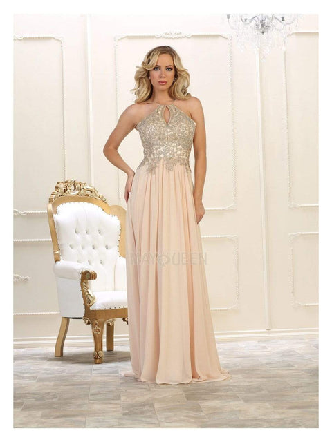 Embroidered Halter A-line Dress - May Queen MQ1569