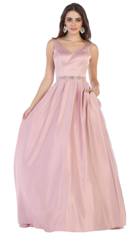 Sleek V-Neck Adorned Waist A-Line Gown - May Queen MQ1595