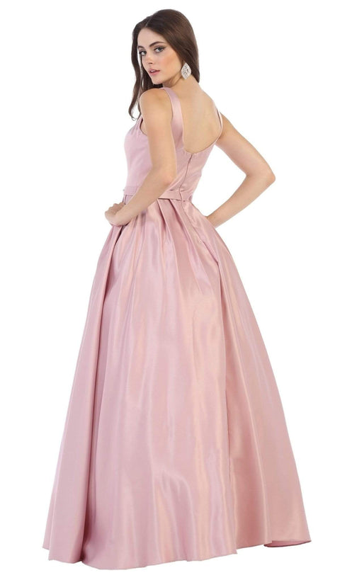 Sleek V-Neck Adorned Waist A-Line Gown - May Queen MQ1595