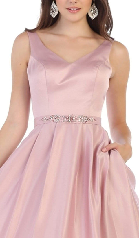 Sleek V-Neck Adorned Waist A-Line Gown - May Queen MQ1595