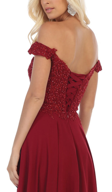 Floral Appliqued Off-Shoulder Dress - May Queen MQ1602B