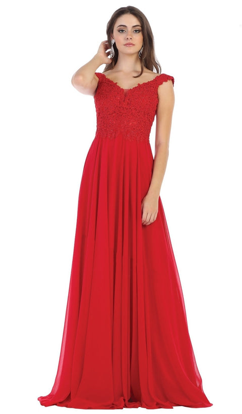 Floral Appliqued Off-Shoulder Dress - May Queen MQ1602B