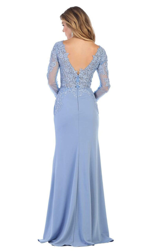 Lace Appliqued Plunging V-Neck Gown - May Queen MQ1630