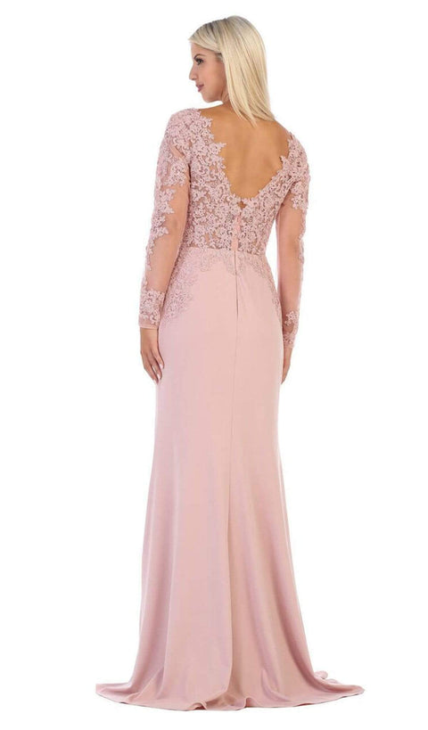 Lace Appliqued Plunging V-Neck Gown - May Queen MQ1630