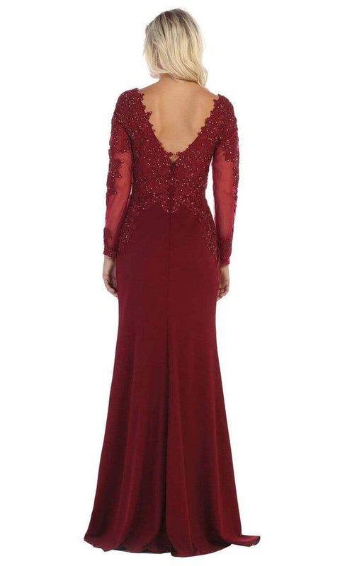 Lace Appliqued Plunging V-Neck Gown - May Queen MQ1630