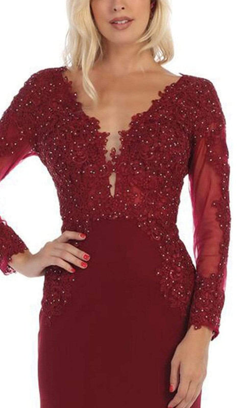 Lace Appliqued Plunging V-Neck Gown - May Queen MQ1630