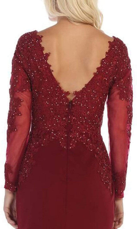 Lace Appliqued Plunging V-Neck Gown - May Queen MQ1630