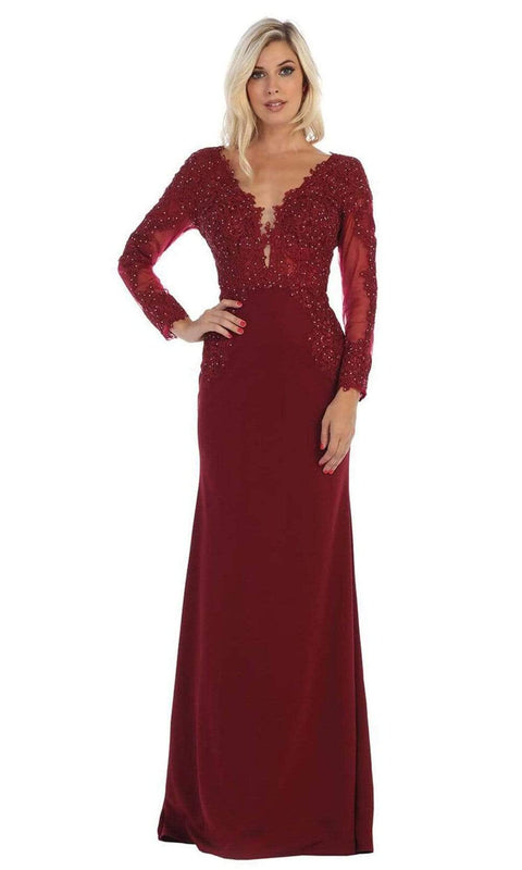 Lace Appliqued Plunging V-Neck Gown - May Queen MQ1630