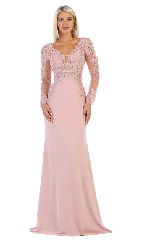 Lace Appliqued Plunging V-Neck Gown - May Queen MQ1630