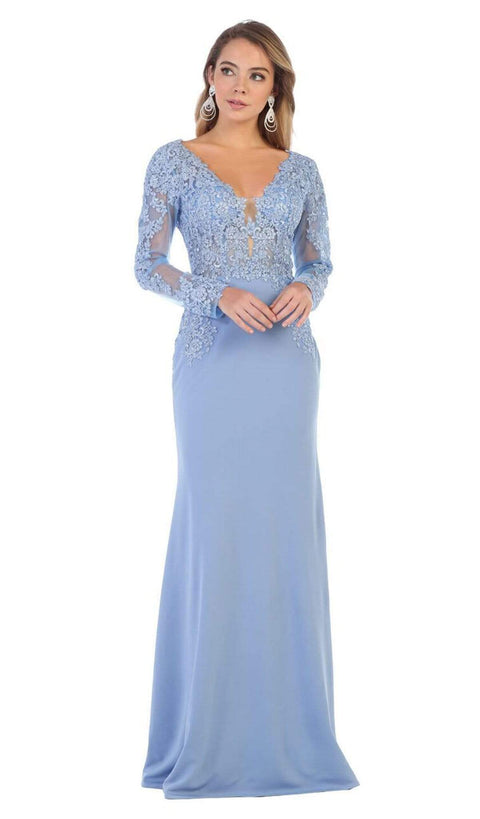 Lace Appliqued Plunging V-Neck Gown - May Queen MQ1630