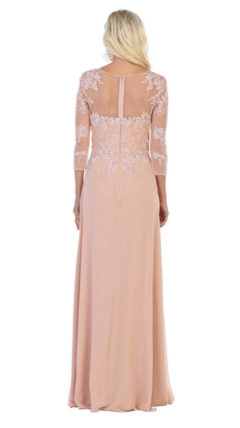 Illusion Quarter Sleeve Appliqued Sheath Gown - May Queen MQ1637