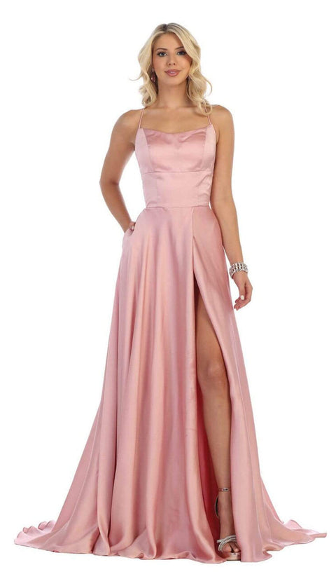 Halter Neck Tie String Back A-Line Satin Gown - May Queen MQ1642
