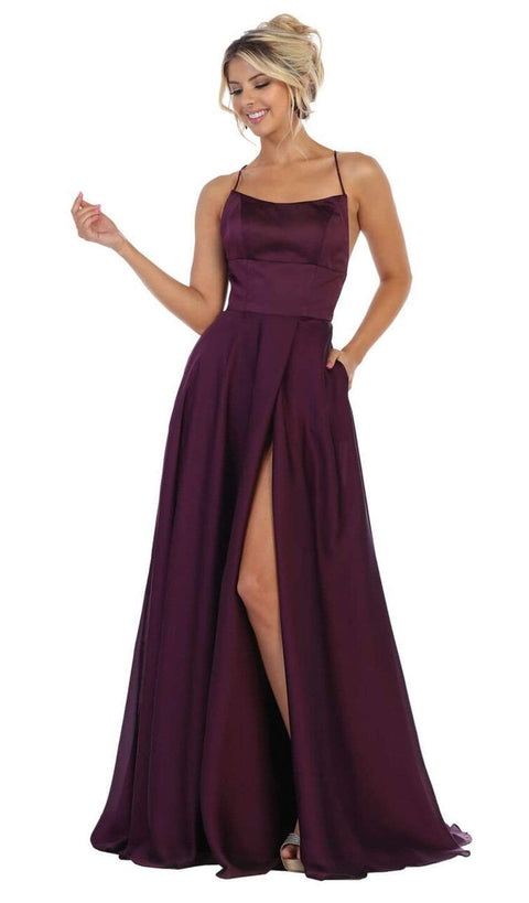 Halter Neck Tie String Back A-Line Satin Gown - May Queen MQ1642