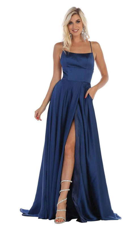 Halter Neck Tie String Back A-Line Satin Gown - May Queen MQ1642