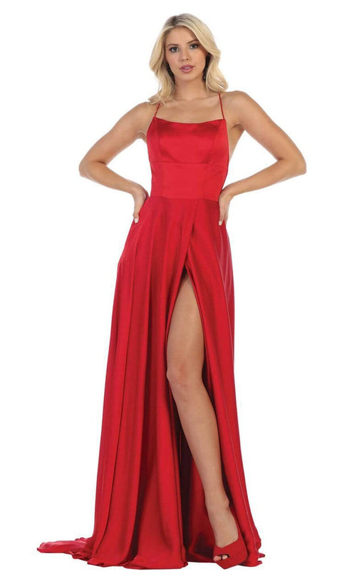 Halter Neck Tie String Back A-Line Satin Gown - May Queen MQ1642