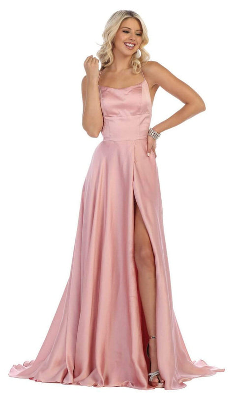 Halter Neck Tie String Back A-Line Satin Gown - May Queen MQ1642