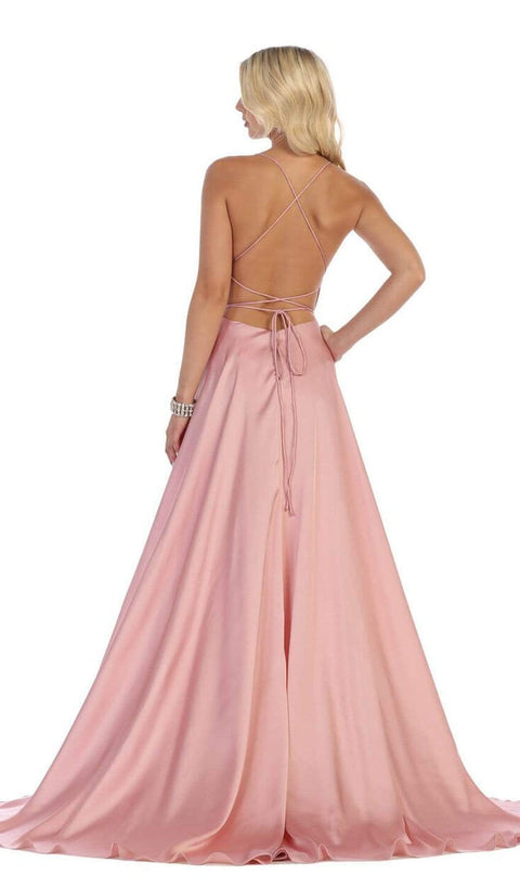 Halter Neck Tie String Back A-Line Satin Gown - May Queen MQ1642