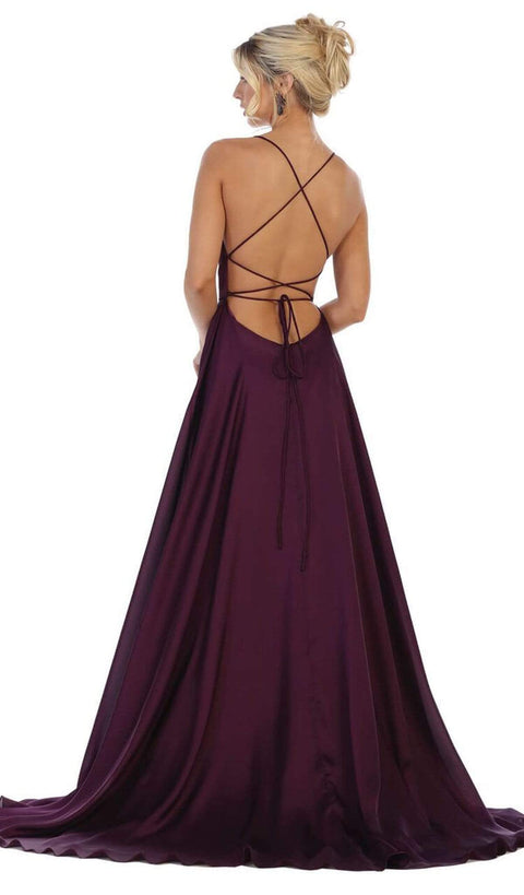 Halter Neck Tie String Back A-Line Satin Gown - May Queen MQ1642