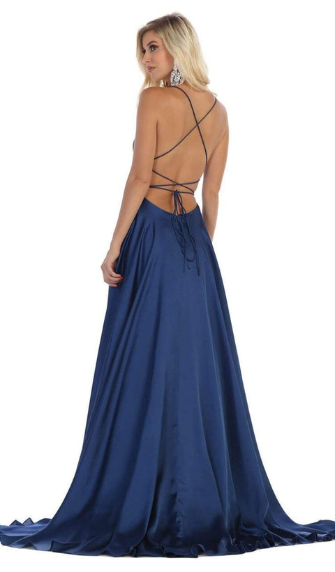 Halter Neck Tie String Back A-Line Satin Gown - May Queen MQ1642